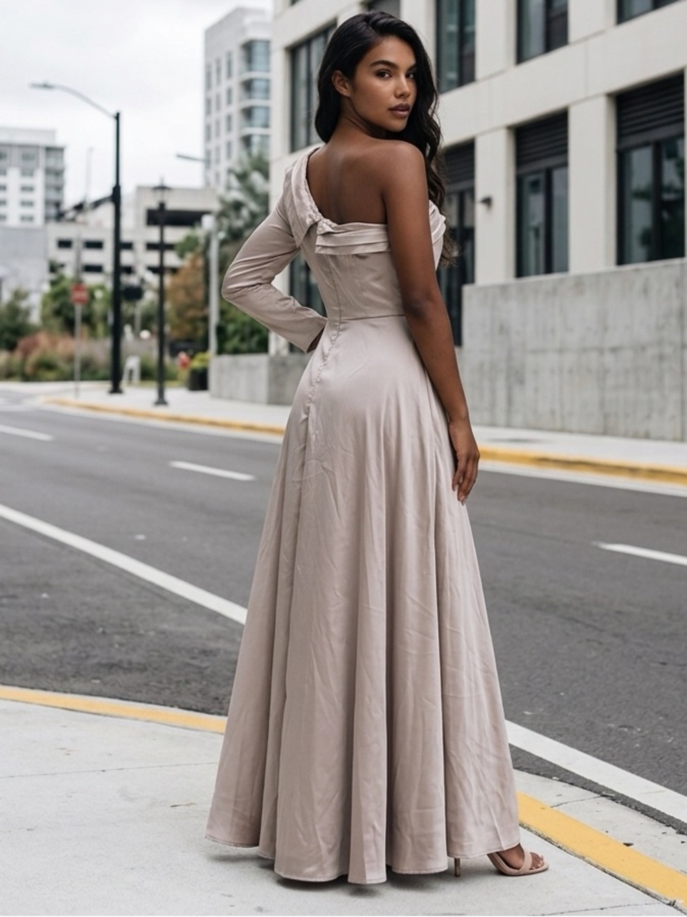 One-Shoulder Long Satin Evening Dress in Light Taupe